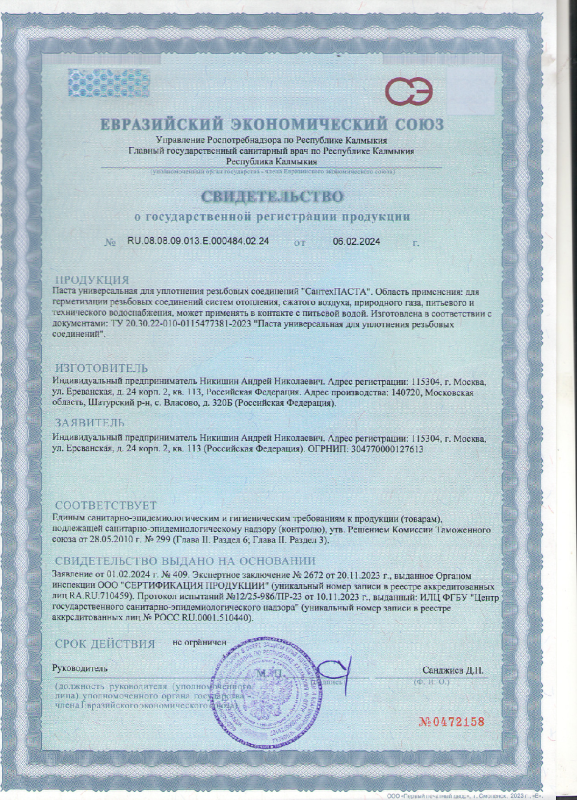 Свидетельство государственной регистрации — СантехПаста
