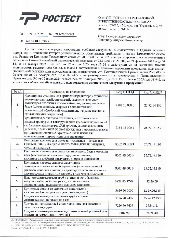 Отказное письмо на продукцию «ООО Катюша»